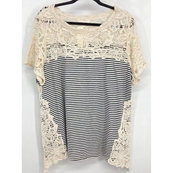 Adiva Plus Top Blouse 1X Navy Blue Ivory Shark Bite Hem Crochet Stripe New B40 - Picture 1 of 7